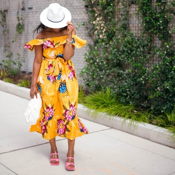 Grass-Fields Floral Off-Shoulder Midi Dress – Size 6 - Picture 3 of 15